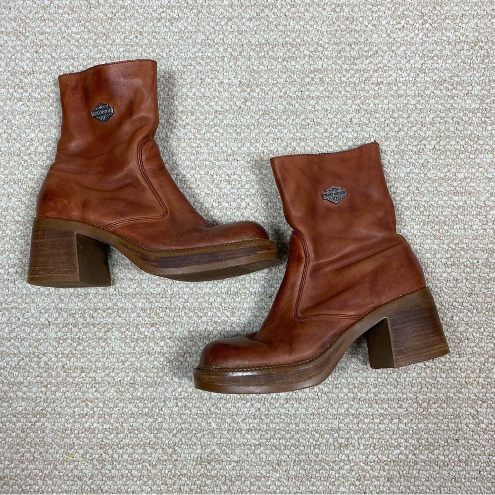 Harley Davidson Vintage 90s Tan Chunky Heeled Boots - Picture 1 of 9